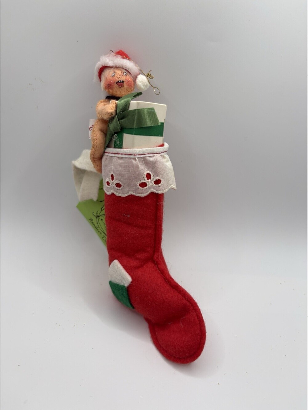 Annalee Mobilitee Doll Baby W Santa Hat  On Stocking 1985 Tag Chridtmas Ornament